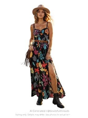 Y2K Boho Tropical Floral Maxi Dress NWT Smocked Back Side Slit M